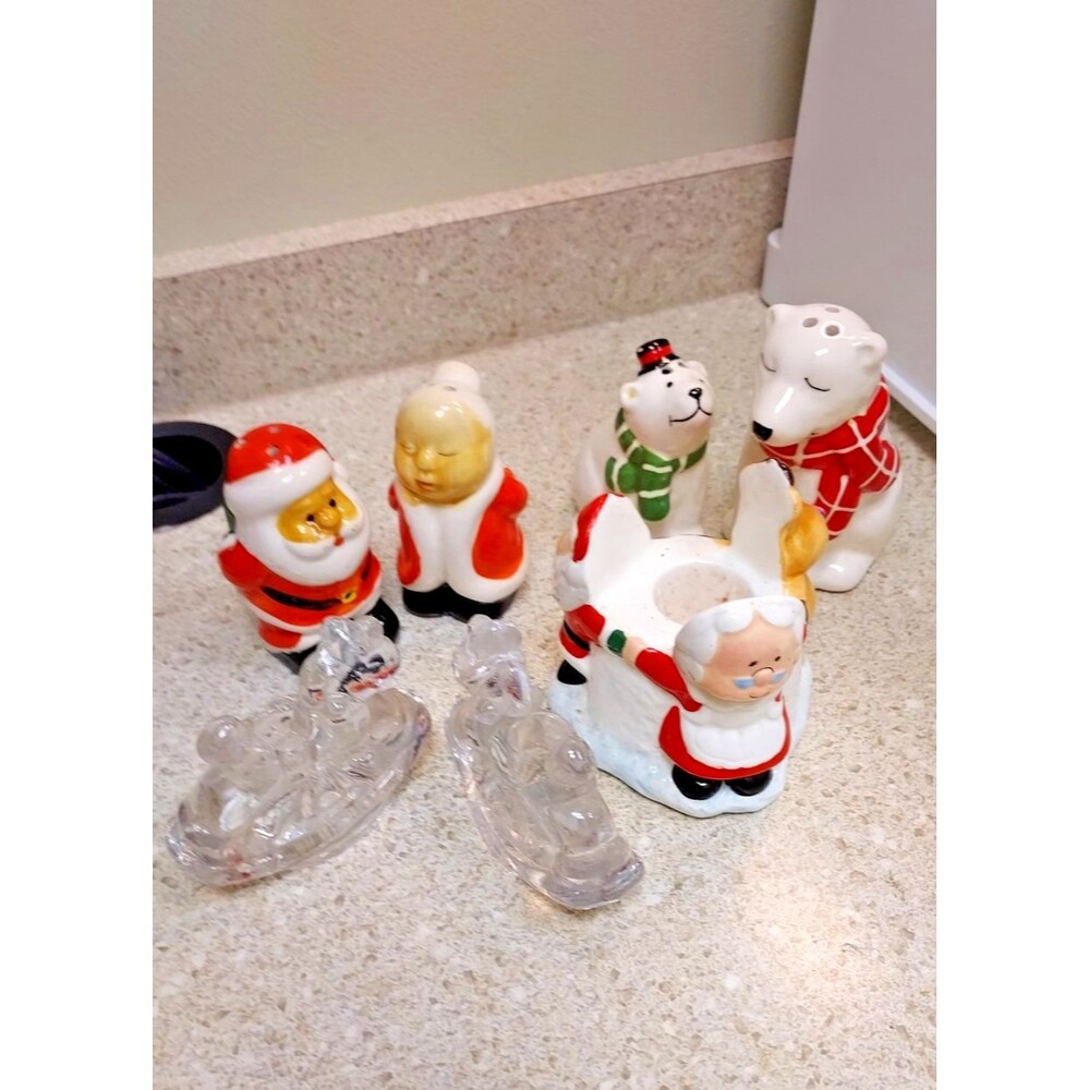 Christmas Ceramic Lot Reindeer Tree Salt Pepper Shakers Candle Holders 7 pieces